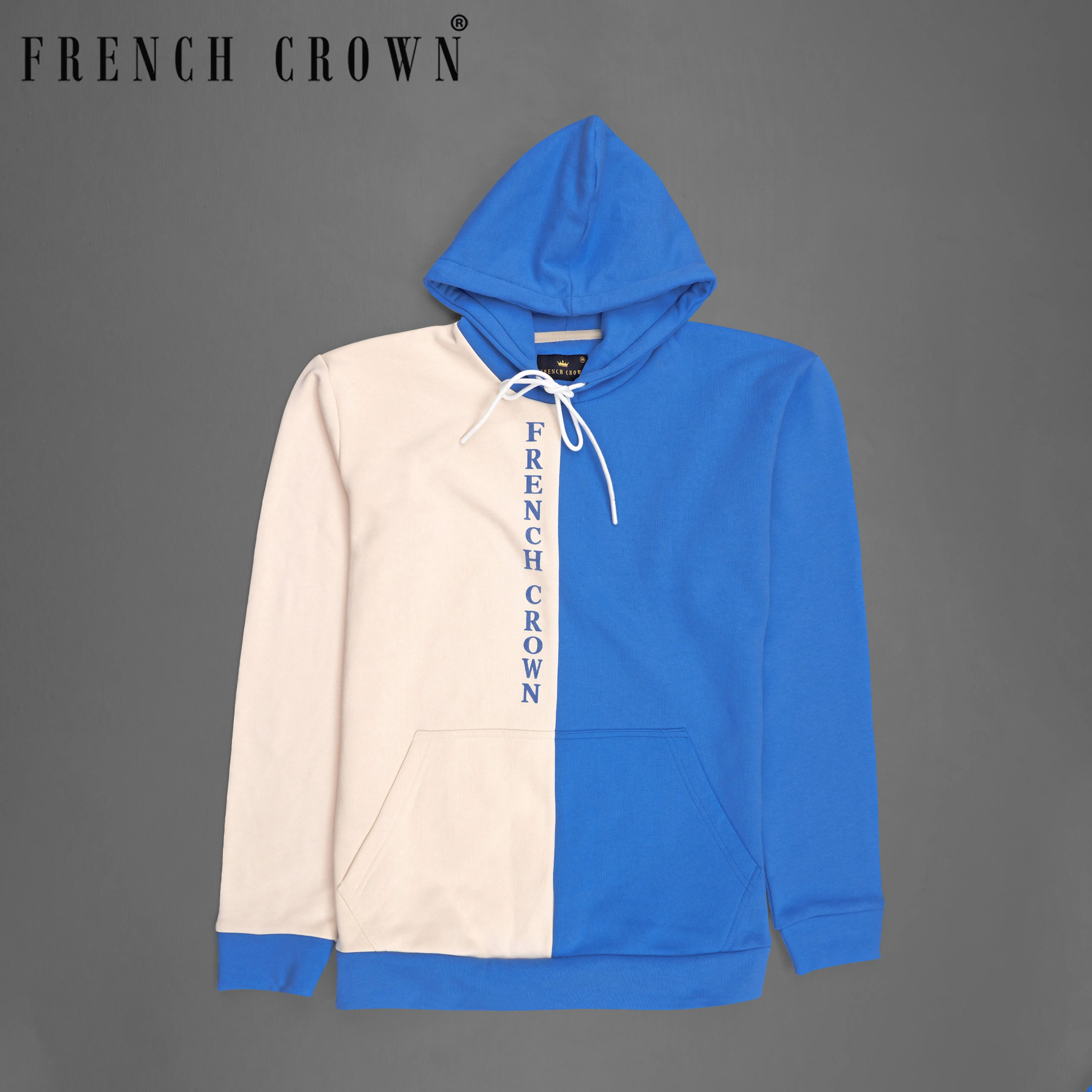 Blue With Cream Half and Half Full Sleeve Premium Cotton Heavyweight Hooded Sweatshirt