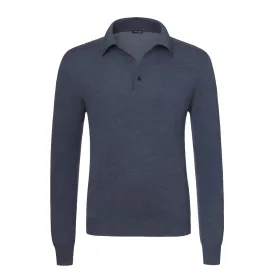 Cashmere-Blend Long Sleeve Polo Shirt in Bronze Blue