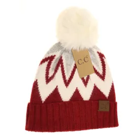 CHEVRON BEANIE WITH FAUX FUR POM HAT