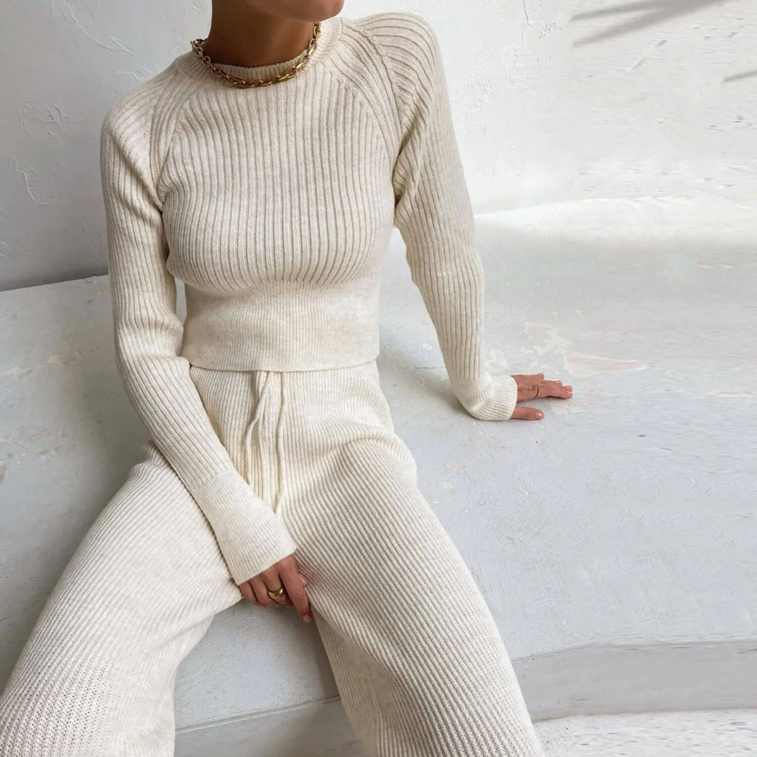 Cozy Ribbed Knit Crew Neck Sweater and Pants Matching Set