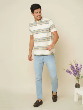 Cream Stripes Henley Neck T Shirt