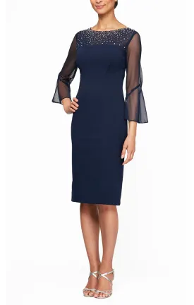 Illusion Neckline Bell Sleeve Dress With Metallic Accents | Navy