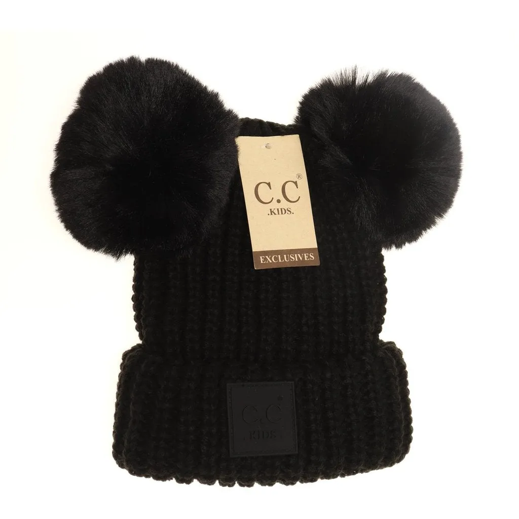 KIDS DOUBLE POM CC BEANIE WITH RUBBER PATCH