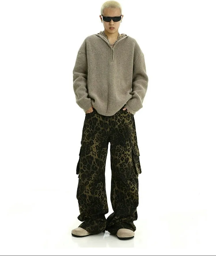 Leopard Print Cargo Pocketed Wide Leg Pants