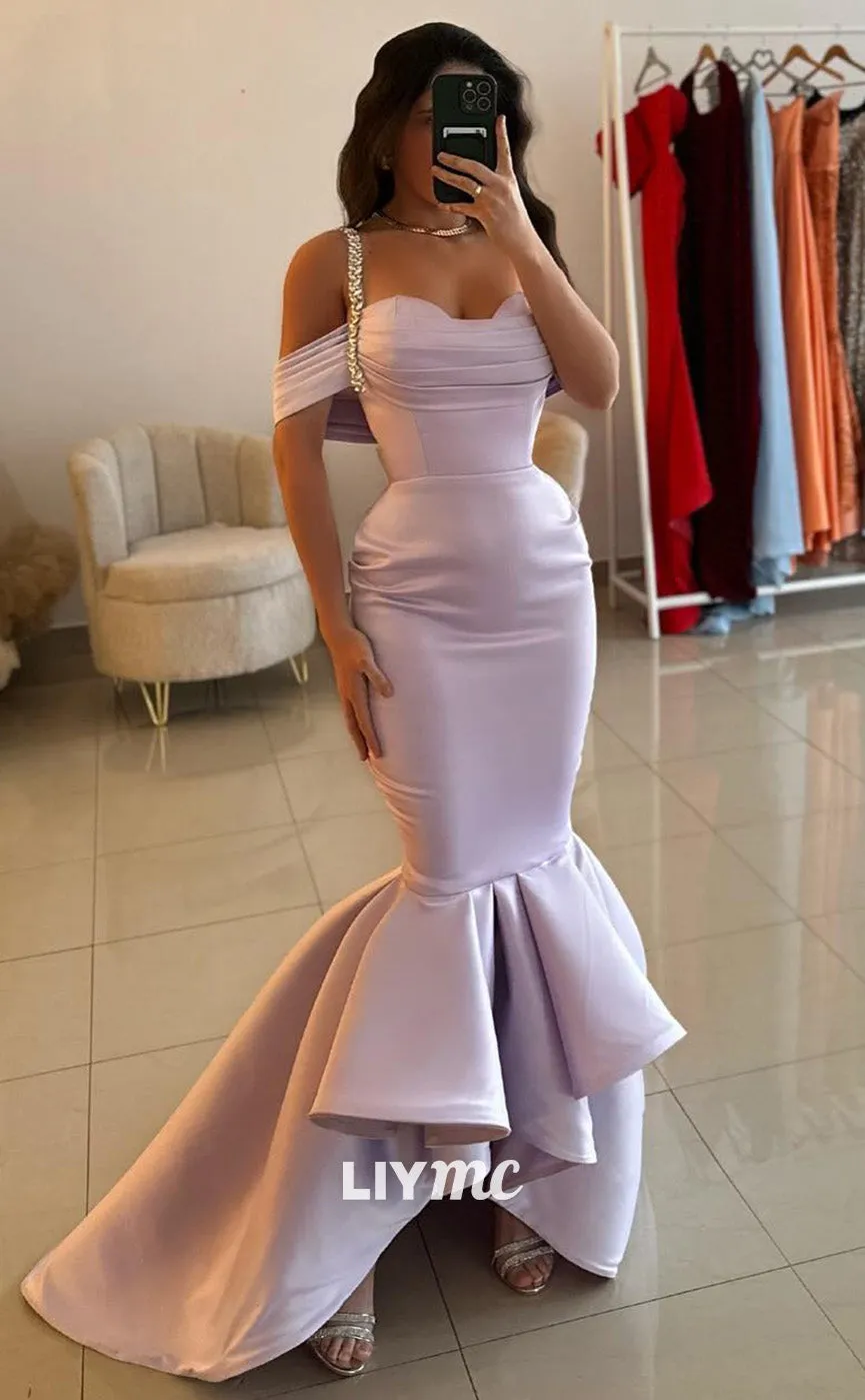 LP1791 - Off-Shoulder Straps Pleated Sleek Satin Mermaid Prom Dress