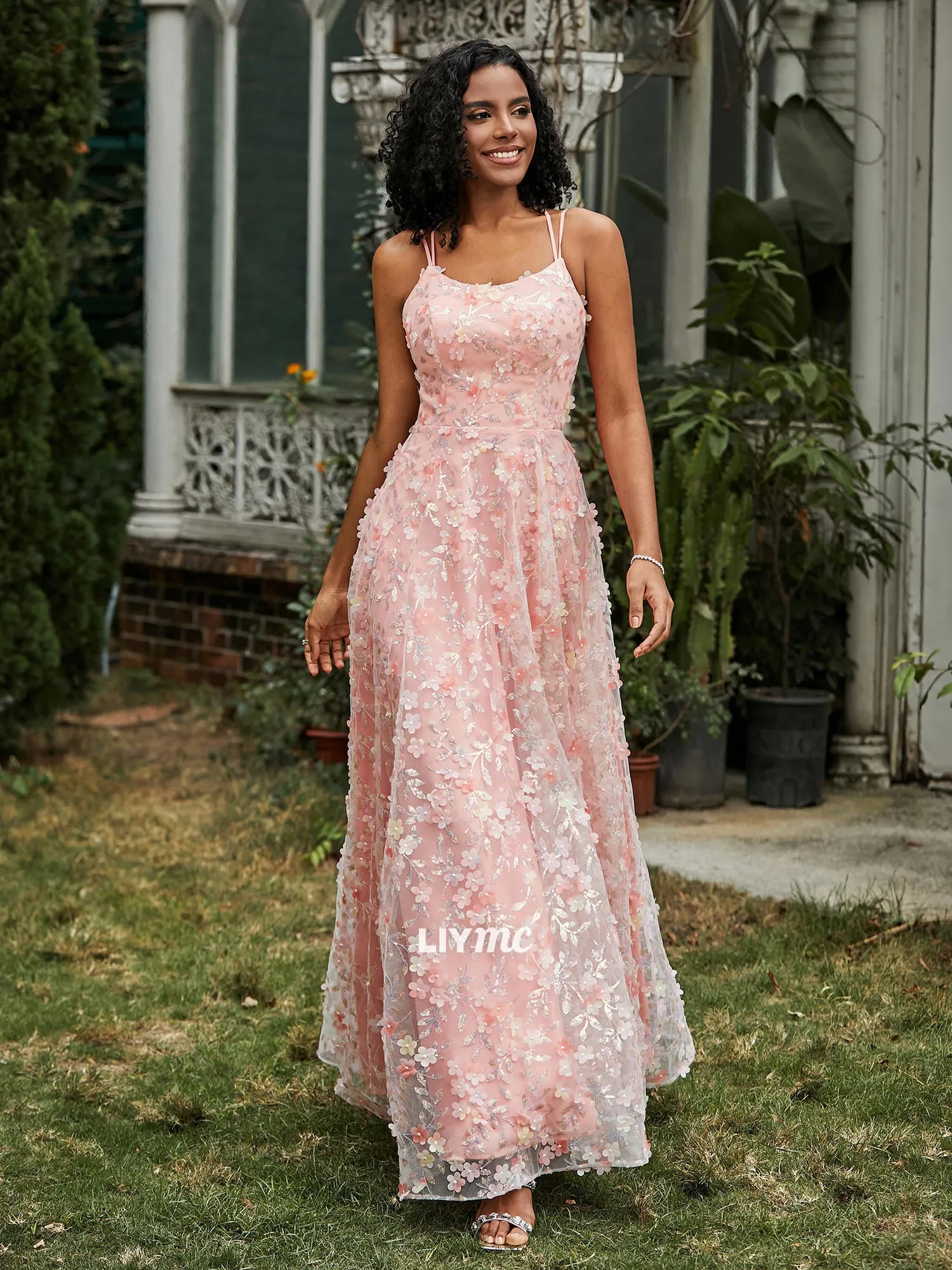 LP1925 - Spaghetti Straps Lace-Up Flowers Appliqued Prom Dress Coral