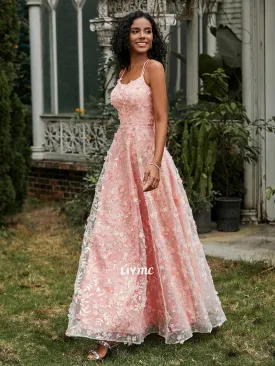 LP1925 - Spaghetti Straps Lace-Up Flowers Appliqued Prom Dress Coral