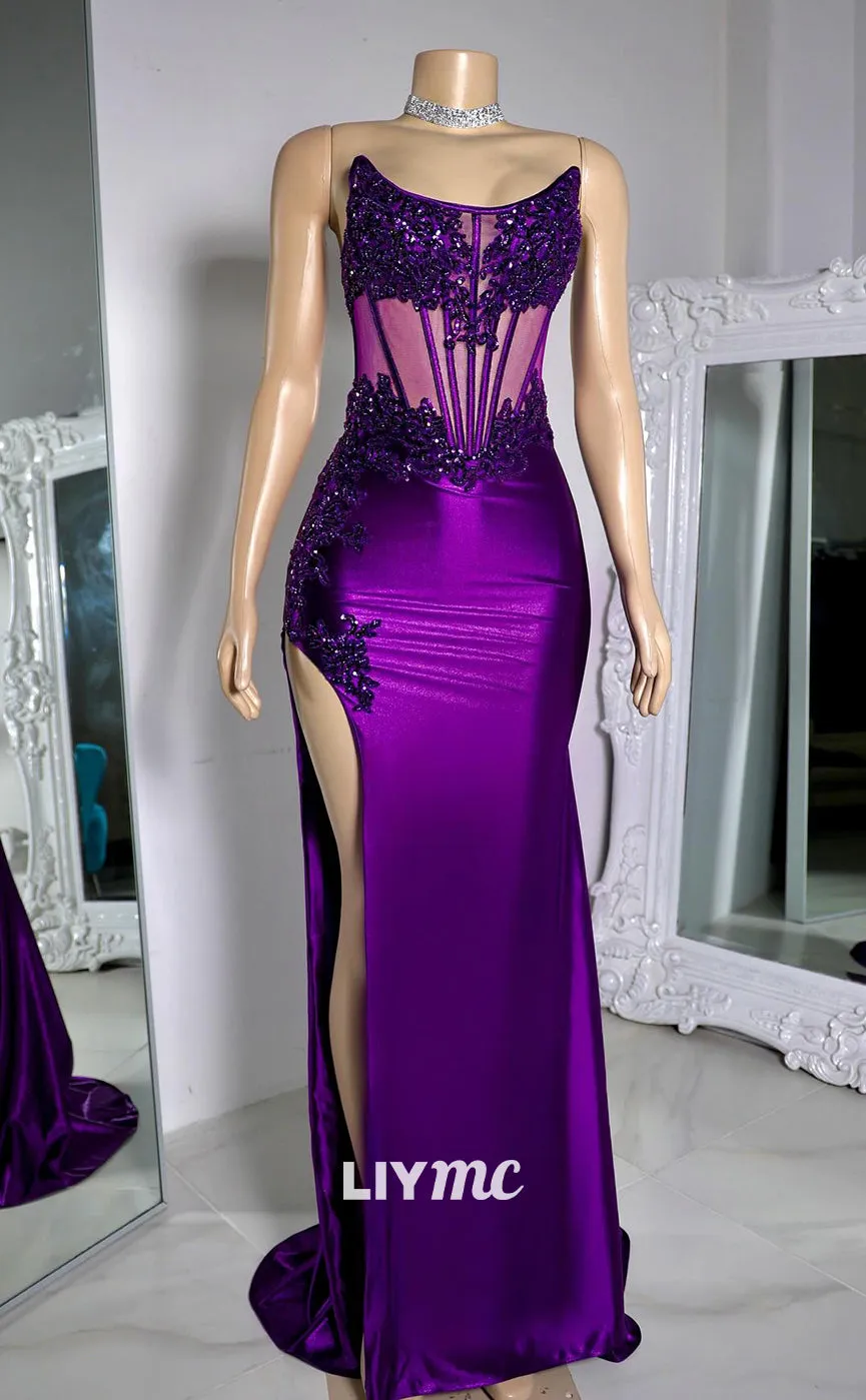 LP1961 - Scoop Strapless Appliques Sheer High Slit Mermaid Prom Dress