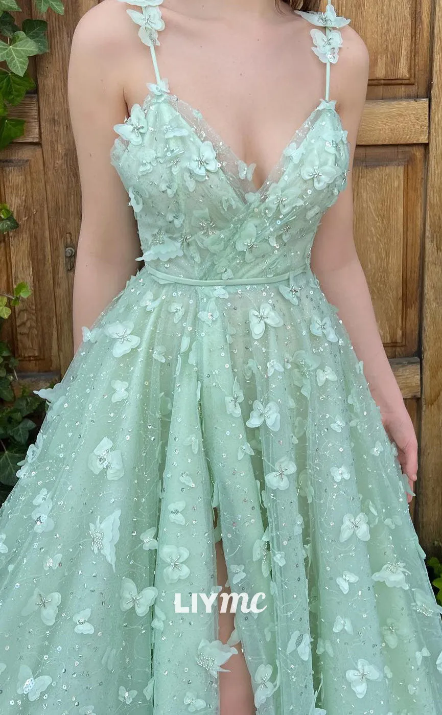 LP2101 - V-Neck Spaghetti Straps Floral Side Slit A-Line Prom Dress