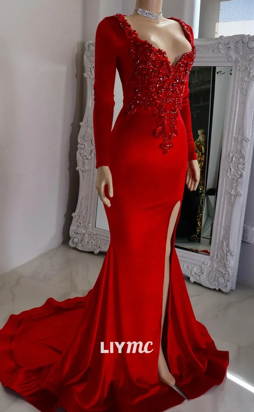 LP2213 - V-Neck Long Sleeves Beaded High Slit Sleek Prom Dress for Black Girls