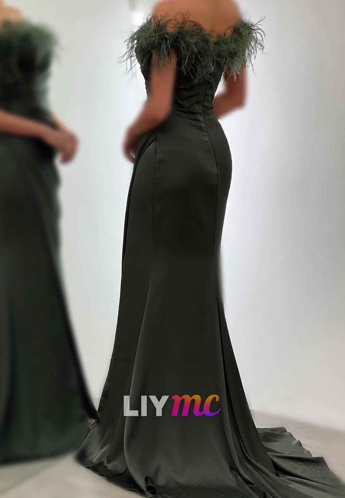 LP2266 - Off-Shoulder Strapless Pleated Feathered Side Slit Sheath Prom Dress