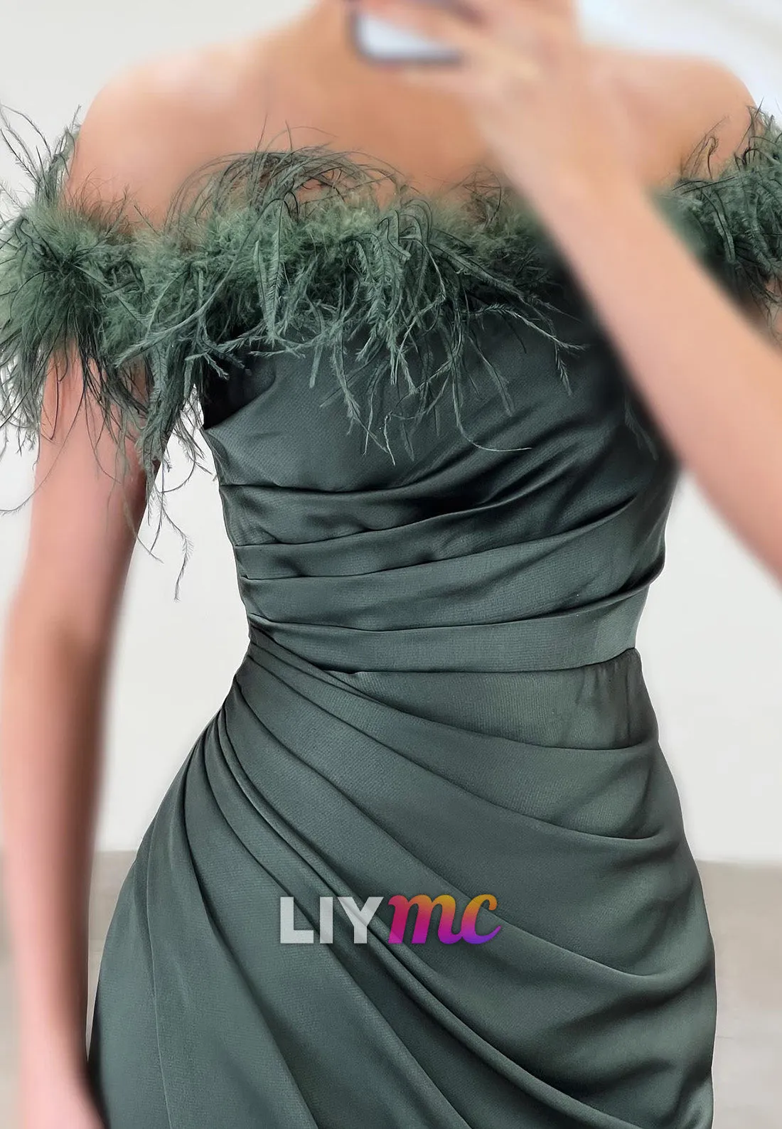 LP2266 - Off-Shoulder Strapless Pleated Feathered Side Slit Sheath Prom Dress